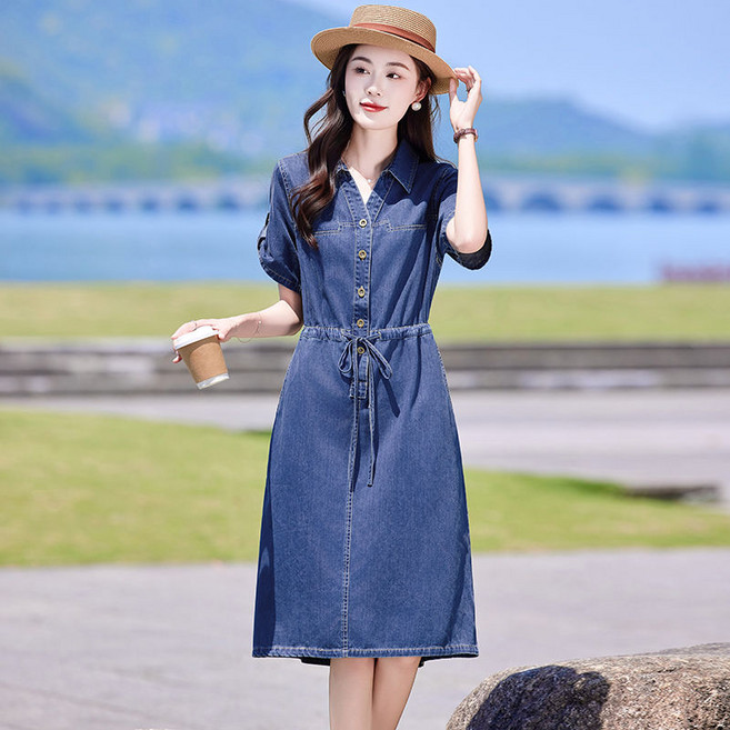 여름 데님 반팔 원피스 중년 여성 기질 슬림핏 원피스 패션 캐주얼 셔츠 원피스 LJX