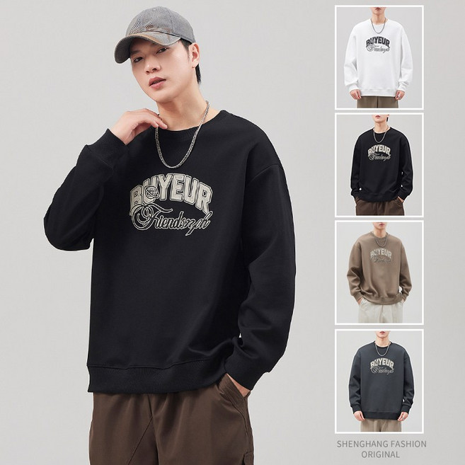 훌룰루 남자 심플한 긴팔프 린팅티 오버핏 맨투맨 가을겨울 두꺼운 WY022WY