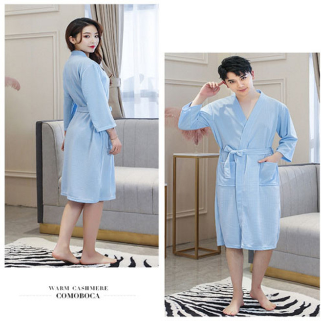 목욕가운 샤워가운 여름가운 여름목욕가운 여름샤워가운 와플샤워가운 호텔샤워가운, 남자와플가운-블루, 1개