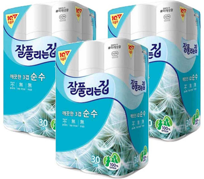 [일상K공감] 잘풀리는집 순수 3겹 30롤 화장지 휴지x3개, 30개