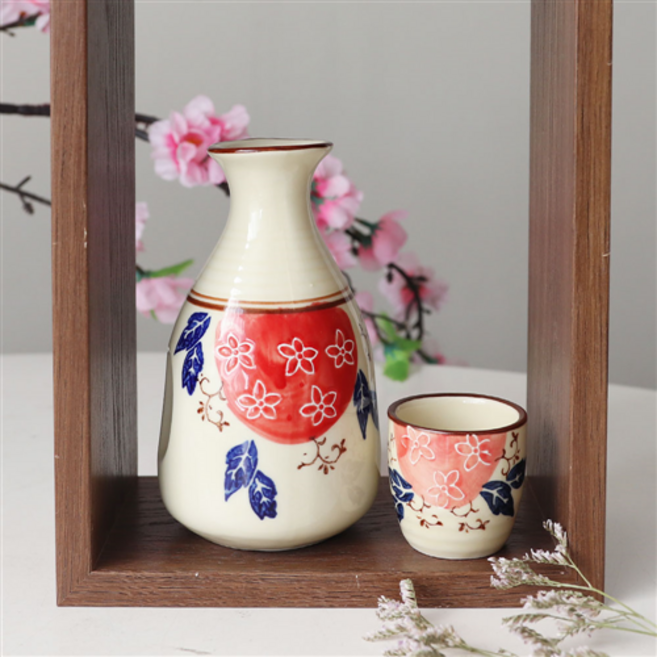 일본 도쿠리 사케병 사케잔 세트 도자기 술병 술잔 2P 독구리 SET, 03)동백/CM-150(도쿠리+술잔2p)