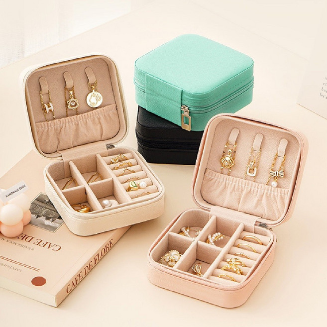 모에파 사각 휴대용 주얼리 목걸이 반지 보석함, 1개, 아이보리