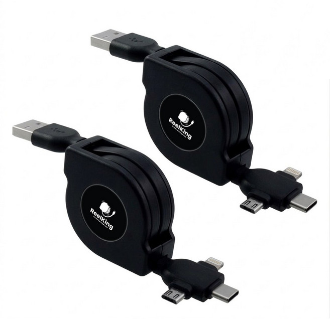 Reelking (1+1) 3in1 고속충전 릴케이블 C타입 8핀 5핀, 2개, 블랙(고속충전), 1m