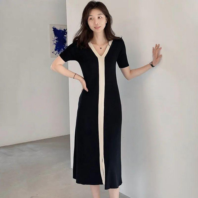 韓國chic夏季復古簡約V領拼接撞色收腰顯瘦短袖針織連衣裙女, 黑色【優質版 】,XL, 黑色【優質版 】