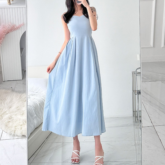 글램디브 모니안AJ0768 브이넥 핀턱 플레어 롱원피스 여성원피스 데일리룩 여리여리