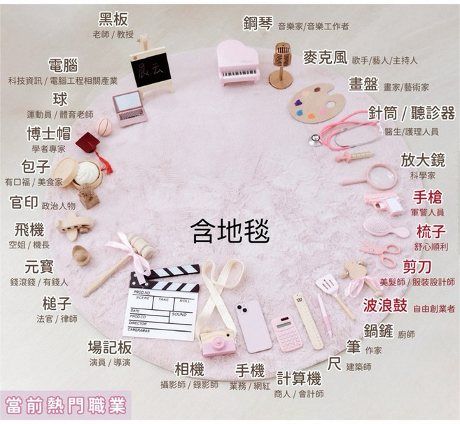 GoGraphy 女寶木質抓周道具套組 寶寶周歲生日派對用品, 1個, 夢幻粉-抓周道具25件Ａ組贈針筒＋粉地毯