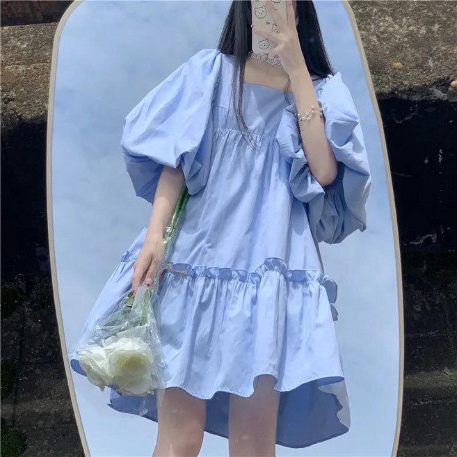 日系甜美泡泡袖娃娃裙 女夏季新款寬鬆顯瘦小清新連衣裙, 藍色,L 建議110-125斤