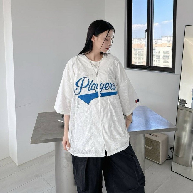【JES】韓國美式V領棒球風短襯衫 球衣網眼 Players撞色字母貼布刺繡潮流情侶短袖襯衫