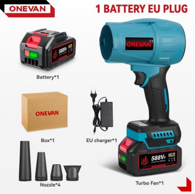 송풍기 무선강력 충전식 ONEVAN 3500W 브러시리스 전기 터보 블로워 제트 팬 350MS 4 노즐 먼지 제거 도구 18V 배터리 핀용, 2)1Battery 1EU Charger, 1개