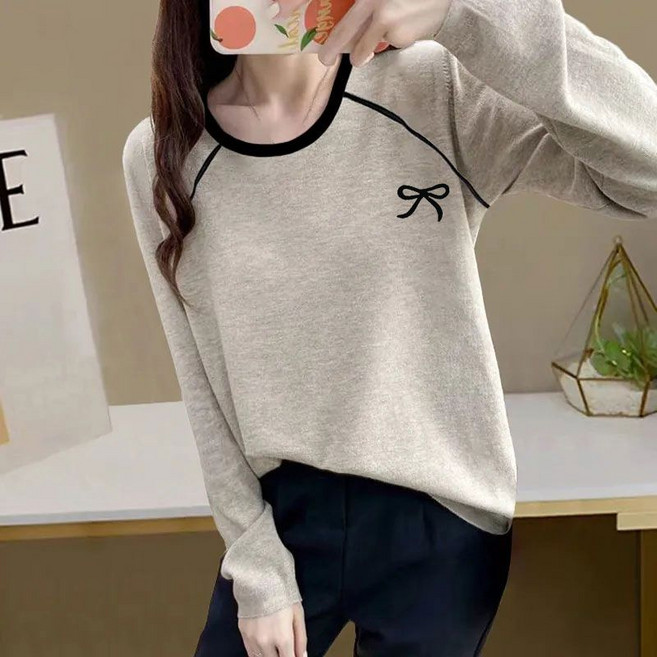 Makone 여성 라운드넥 리본 프린트 루즈핏 심플 프리미엄 베이직 긴팔 티셔츠