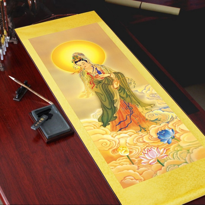 불교굿즈 불교용품 불교소품 불상 그림 초상화 탱화 액자 벽화 장식품 실내용 가정용 두루마리, 관음보살, 120x45cm 독립, 1개