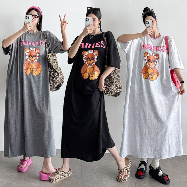 렛잇샤인 네온곰 롱빅원피스 오버핏 빅사이즈 리조트룩 여름 원마일웨어