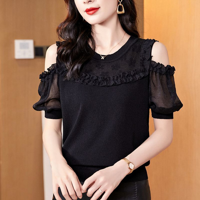 별후이 여성용 여름 빅 사이즈 라운드넥 루즈핏 아이스 프릴 오프숄더 반팔 니트0d7gh07LL