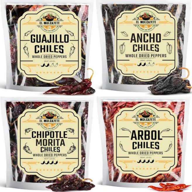 El Molcajete 말린 건조 칠레 고추 4종 세트 안초 과히요 아르볼 치포틀 정통 멕시코 요리 소스 살사 마리네이드용 통고추 강렬한 풍미 엘 몰크라테가 엄선한 수제