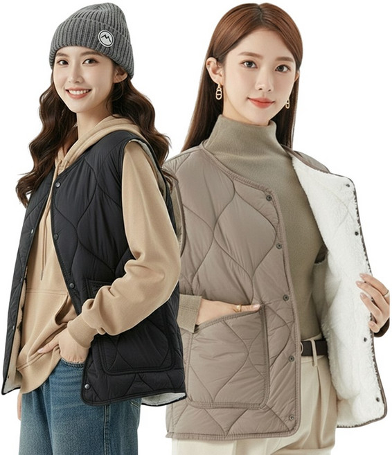 아우렌 여성 겨울 퀼팅 패딩조끼 경량 양털 스냅단추 포켓 기모 베스트 2종 세트