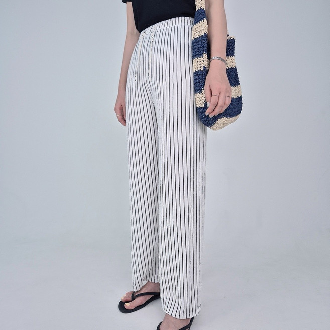 여성 여름 바지 쿨 시어서커 밴딩 와이드 팬츠 스트라이프 팬츠 냉장고 바지 시원한 바지 통