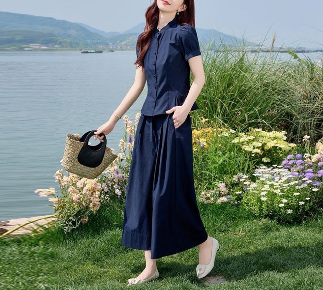 해피유통 여성 여름 반팔 셔츠 원피스 세트 간단한 스탠드카라 허리조임 롱스커트 투피스 swn