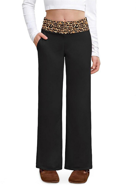 IIMMER Girls Summer Low Rise Fold Over Sweatpants – Stretchy Navy Blue Stripe Baggy Pants for Pres, Black Leopard Print
