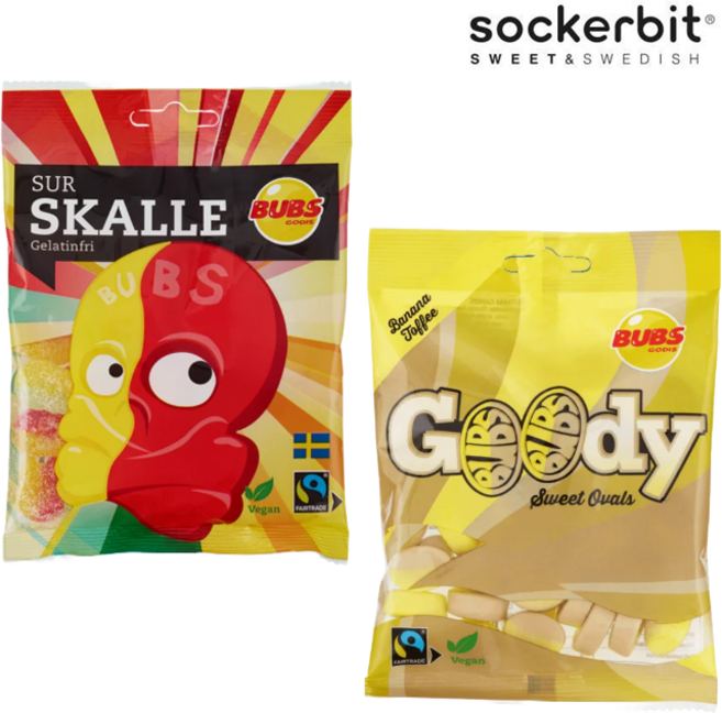 [Sockerbit] [1+1] 스웨덴 캔디 스웨디시 젤리 Bubs 사워 해골젤리 90g 1개 + Bubs 바나나 토피 오벌젤리 90g 1개 Bubs Swedish Candy, 1세트, 180g