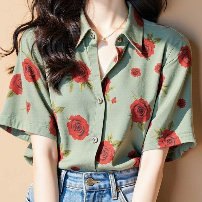 港風復古短袖寬鬆襯衫女 綠底紅花