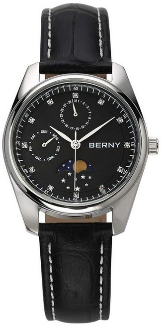 BERNY 여성용 다기능 시계 달력 및 문 페이즈 시계 포함 - 스테인리스 스틸 케이스 가죽 밴드 블랙. 쿼츠 무브먼트