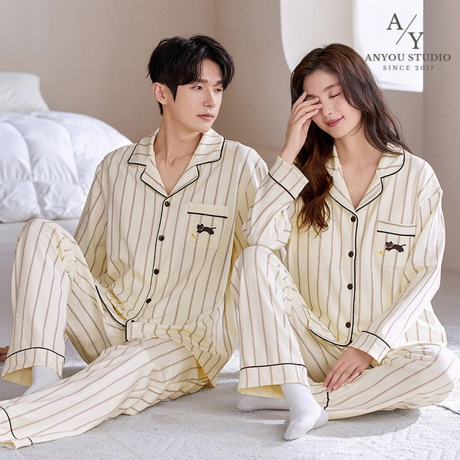 스타일닥터 커플 잠옷 편안한 순면 스탠다드 긴팔 파자마 세트 여성 남성 커플 홈웨어