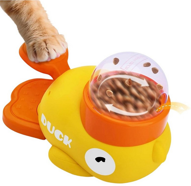 고양이 먹이통 오리 모양 고양이 간식 디스펜서 대화형 저속 먹이통 푸시 버튼 장난감, 노란색, 2개
