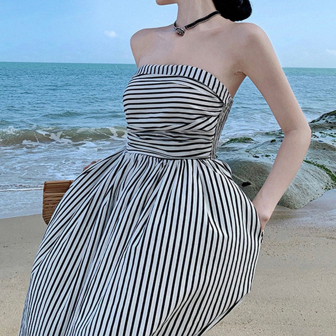 블랙루비스 롱 원피스 여름 바캉스 해변 오프숄더 스트라이프 탑 블리스