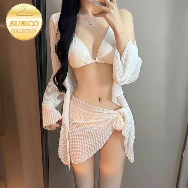 슈비코 4피스 비키니 세트 커버업 랩스커트 가디건 홀터넥 섹시 수영복, 화이트