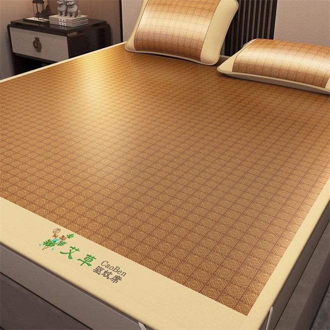 DIU 艾草涼蓆竹蓆新款夏季冰絲藤席學生宿舍單人草蓆嬰兒可用席子, 150x200cm單人牀【涼蓆+枕套x2】