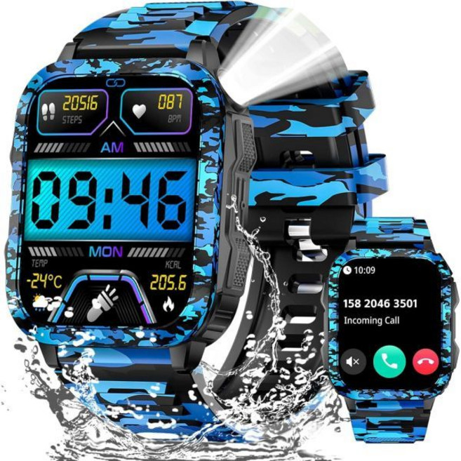 남성용 밀리터리 스마트워치전화 걸기응답 LED 손전등 1.96인치 화면 430mAh 피트니스 트래커 스포츠 모드 심박수 수면 모니터 아이폰 안드로이드용 러기드 스마트워치, Camouflage Blue