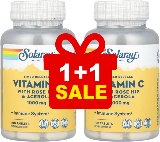 [1+1] 솔라레이 서방형 아스코르브산 비타민C 로즈힙 및 아세로라 함유 1000mg 100정 / 해외직구 미국정품, 2개 - 쿠팡