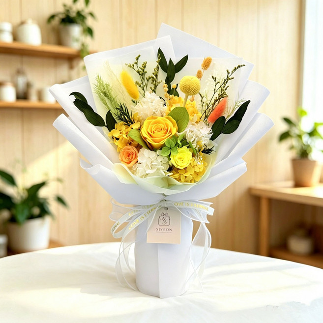 시연플라워 생화 프리저브드 꽃다발 ( 28cm X 38cm ) + 쇼핑백, 5 노랑