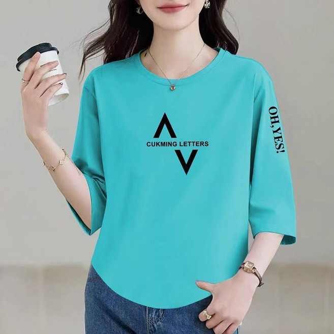 VVRR 여성 면티 7부소매 티셔츠 레터링 프린트 라운드넥 루즈핏 캐주얼 데일리룩 A0032756