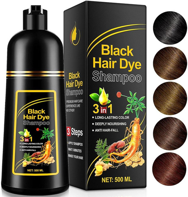 TITINY 블랙 헤어 염색 샴푸 3 in 1 (500ML) 흰머리용 인스턴트 컬러 샴푸 남성 및 여성용 허브 성분 함유 천연 (블랙), TITINY 블랙 헤어 염색 샴푸 3 in 1 (500