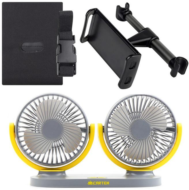 카템 3단 조절 듀얼 차량용 선풍기 본품 + 장착키트 세트, CT088, 그레이 옐로우