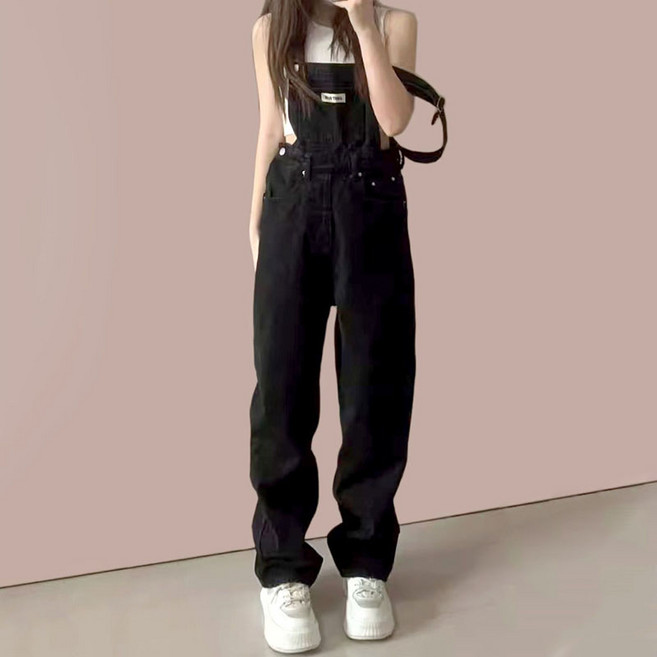 멜빵 팬츠 루즈핏 학생용 날씬해 보이는 직통 와이드 하이웨스트 데님 팬츠