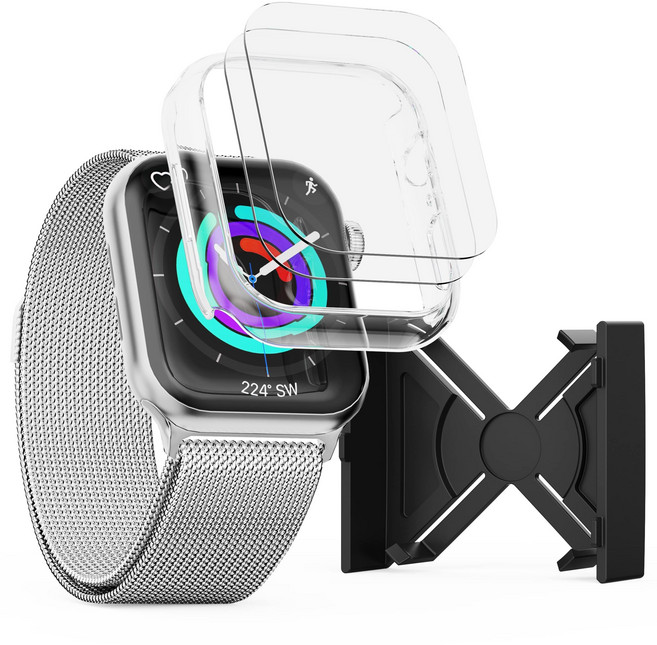 가꼬싶다 애플워치 실패없는 자가복원 액정보호필름 2P + 변색없는 하드커버 케이스, 투명