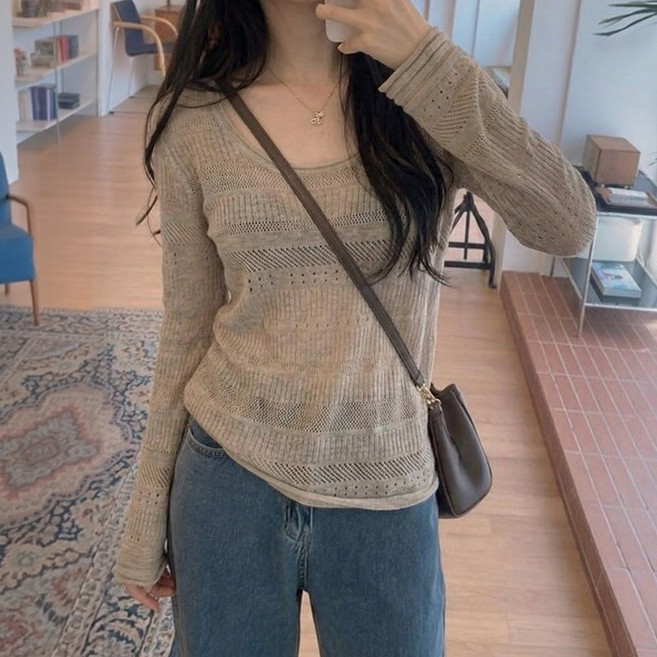 SOSISI 울 혼방 여성 라운드 긴팔 펀칭 시스루 루즈핏 얇은 니트 티 20125