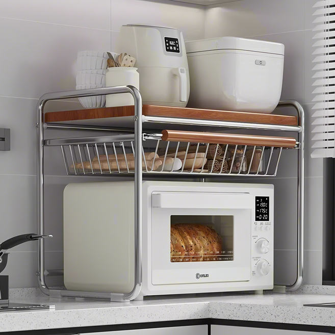 주방 전자레인지 전자렌지 스탠드 선반 조립식 무타공 밥솥 수납 선반 렌지대, 1개, 은색