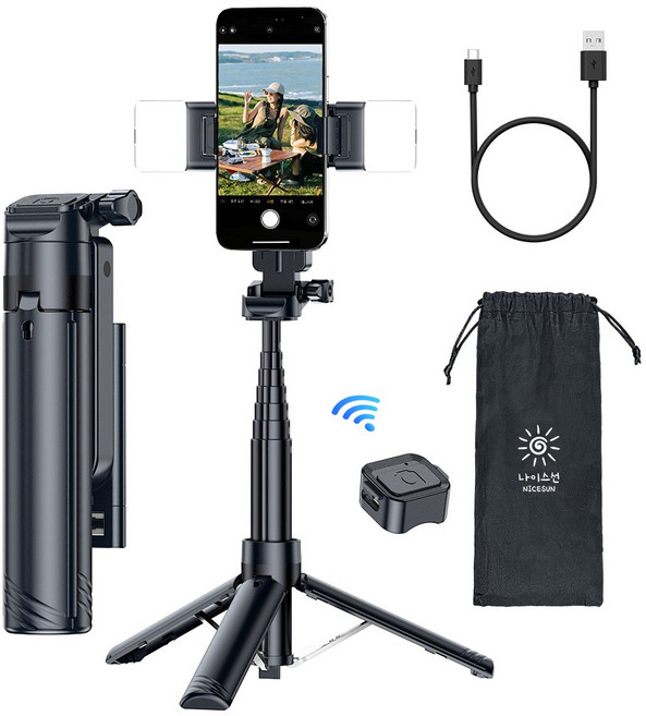 NICESUN 원터치 미니 블루투스 초경량 휴대폰 셀카봉 삼각대 90cm M56, 블랙+LED