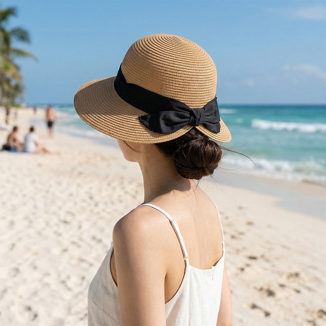 베이직 리본 라피아햇 와이드챙 밀짚모자