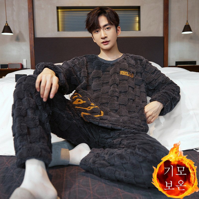 스타일닥터 캐릭터 플란넬 수면잠옷 기모 도톰 세트 남성 오버사이즈 따뜻한 코랄 실내복