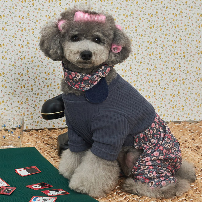 베일리펫 강아지옷 김장조끼 스카프 올인원 전원일기 몸빼 세트, 1개, 꽃남색