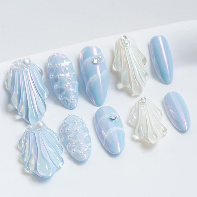Sun & Beam Nails 네일 팁 미디움 롱 아몬드 인조손톱 인어의 비늘 셰일 펄 반짝이 3D 디자인 인조손톱 10매입 #28 파랑 L, 1개, 상세페이지 참조