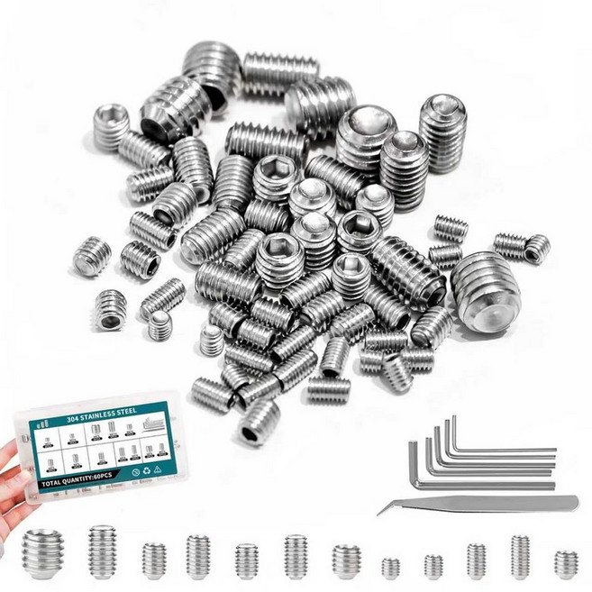 앨런 키가 있는 60개 세트 나사 모음 키트M3 M4 M5 M6 M8 - 욕실 비품 조명 기구 문 손잡이 수도꼭지 배관 등 내구성이 뛰어난 미터법 컵 포인트 304 스테인리스 스틸