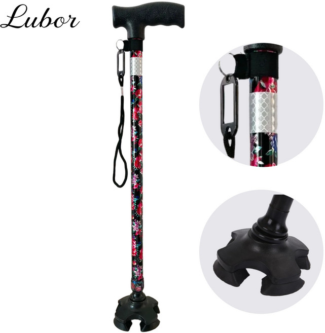 루보르 노인 미끄럼방지 네발 어르신 꽃무늬 가벼운 길이조절 할머니 지팡이, 1개, 검정꽃