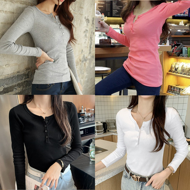 [4P] 로로비 여성 기본 티셔츠 봄 가을 간절기 스판 슬림핏 무지 긴팔티셔츠