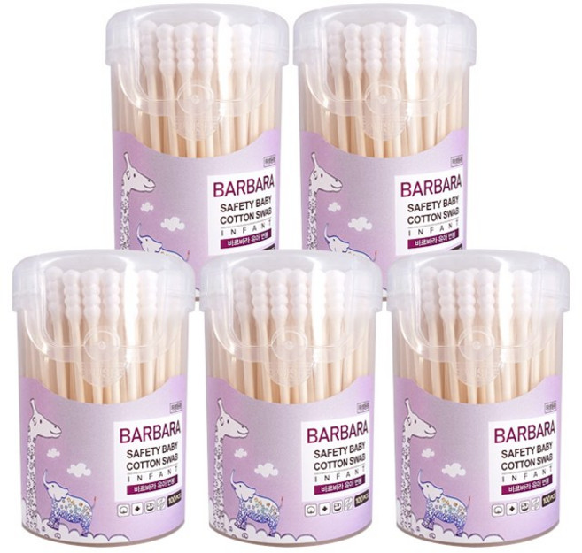 바르바라 엠보싱 유아용 순면 면봉, 5개, 100개입