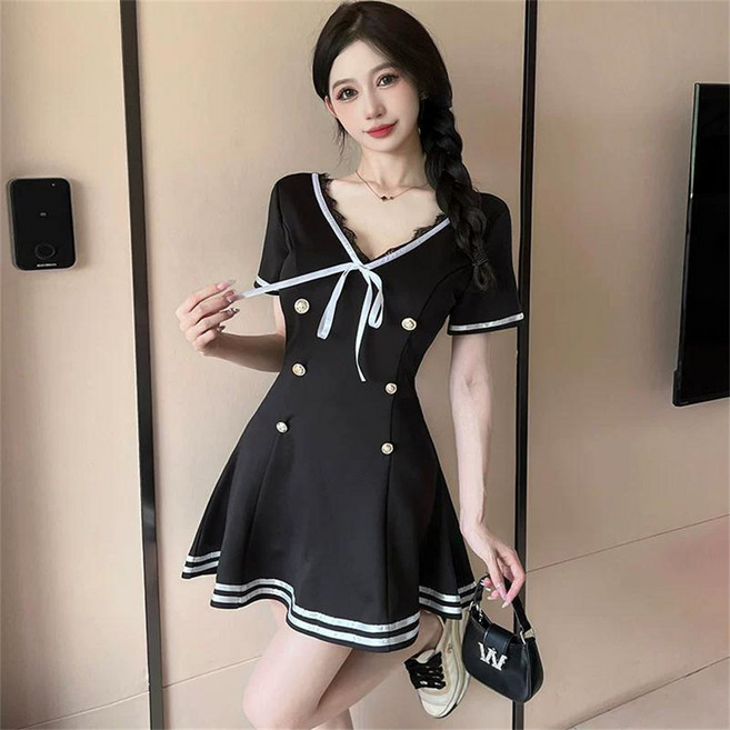 besteffie 여성용 배색 포인트 날씬해 보이는 A라인 미니 원피스 브이넥 레이스 장식 디자인 미니 드레스 K69